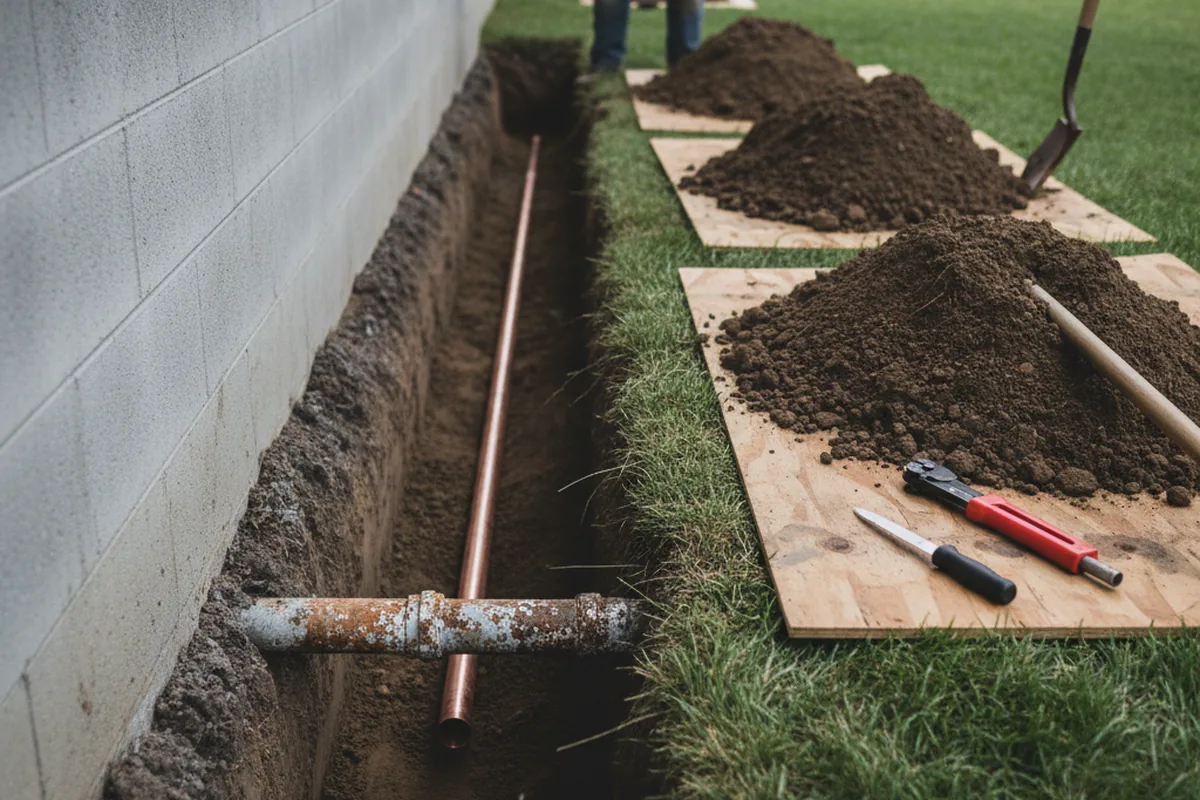 Excavated water line trench during Sewer Line Repair in Blair